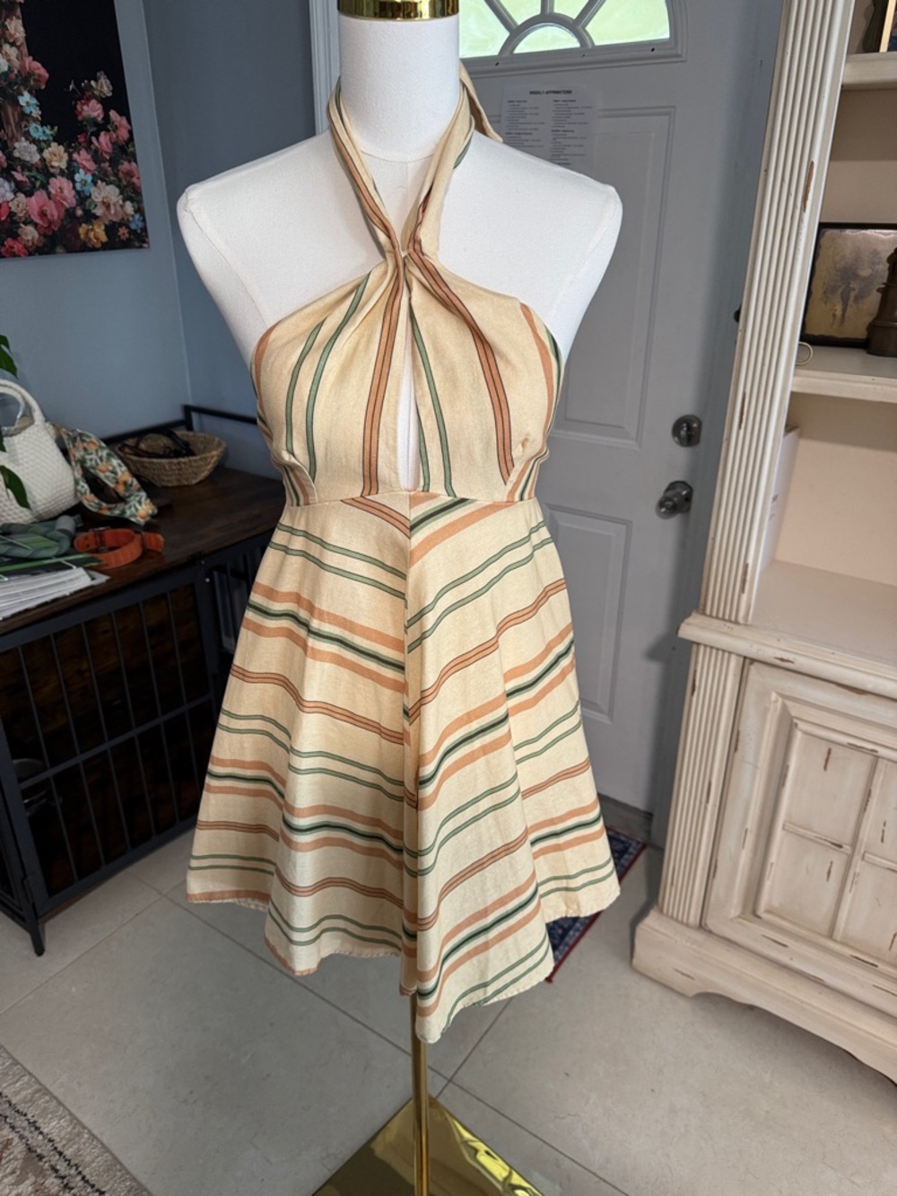 Zara Cream Halter Mini Dress with Green & Rust Stripes